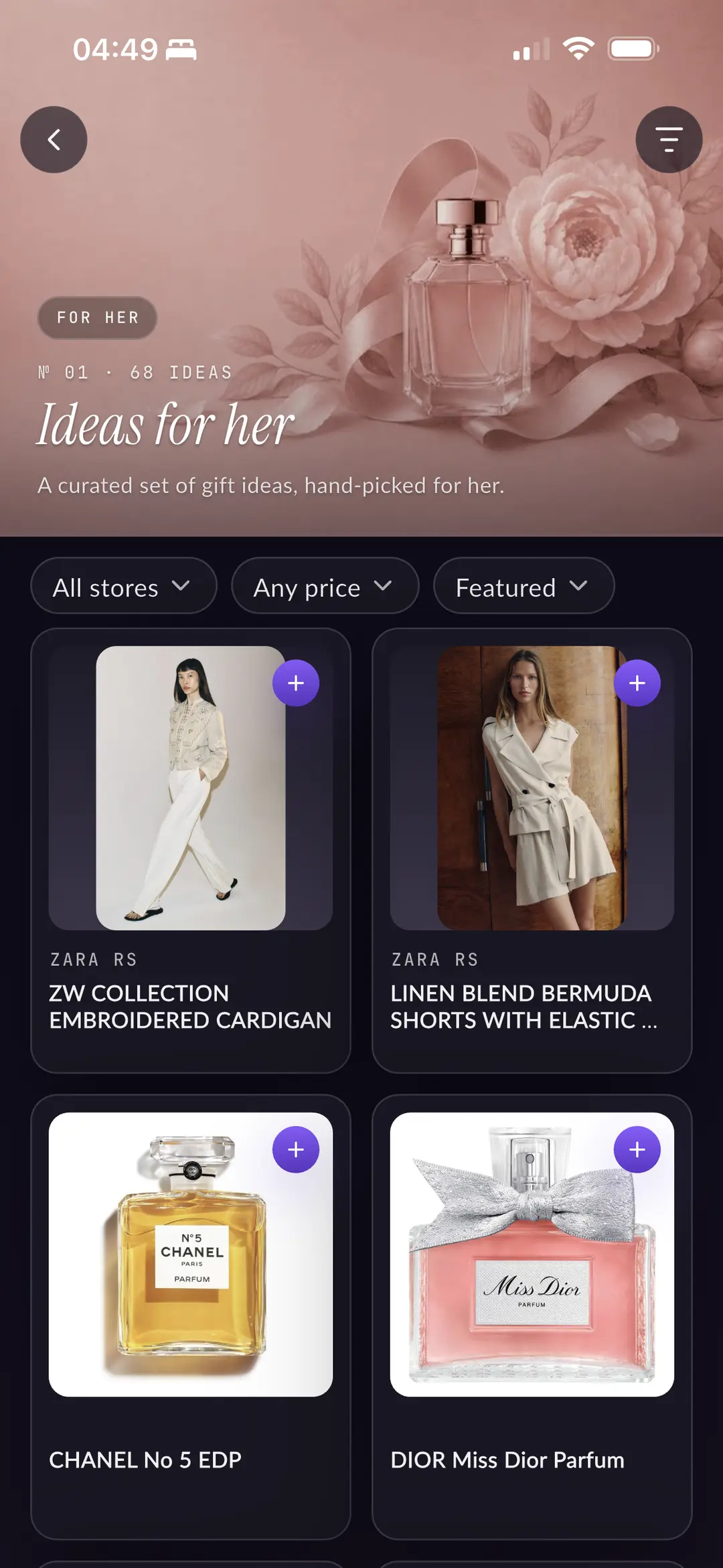 Wishco showing a curated “Ideas for her” collection: a Zara cardigan, Chanel No 5 and Miss Dior, each with an add button.