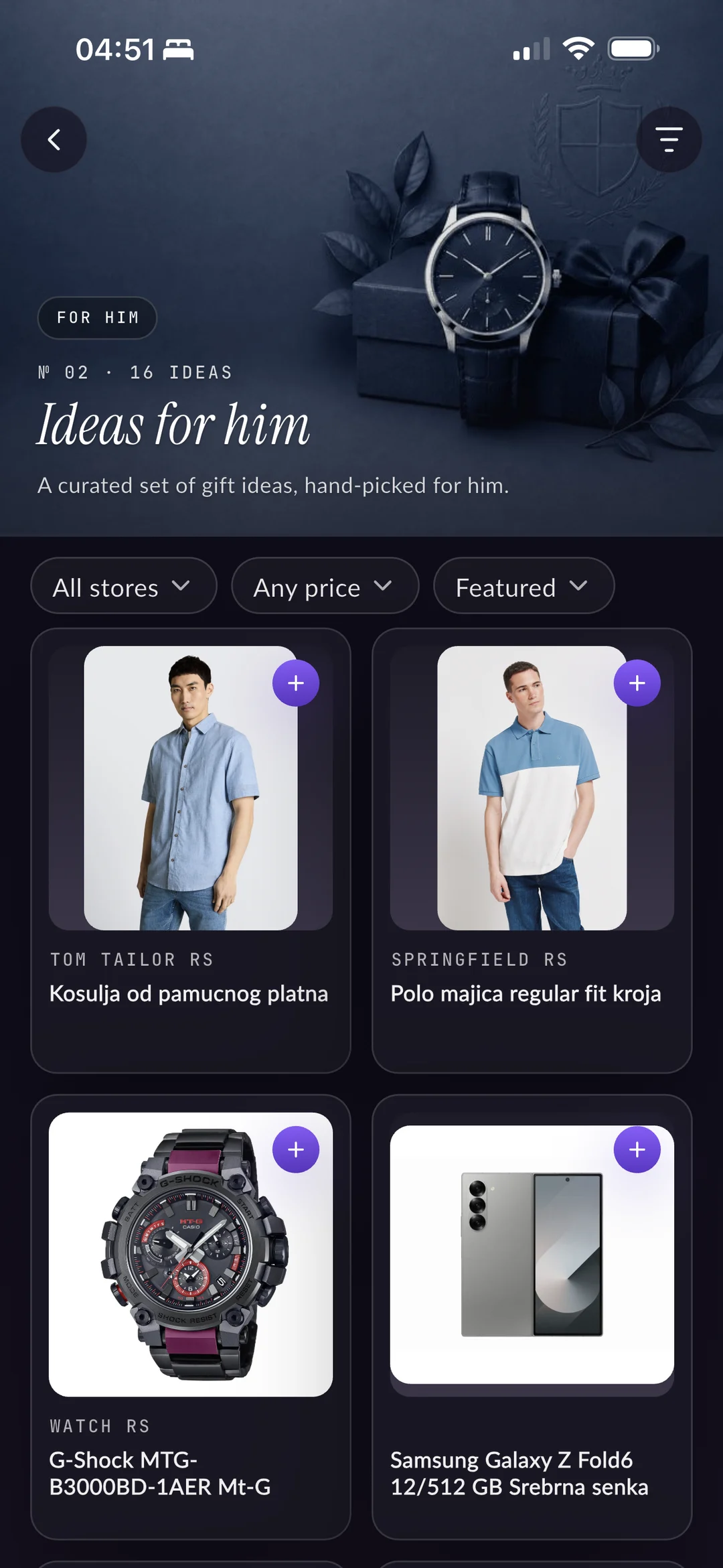 Wishco showing “Ideas for him”: shirts, a G-Shock watch and a Samsung phone from local shops.