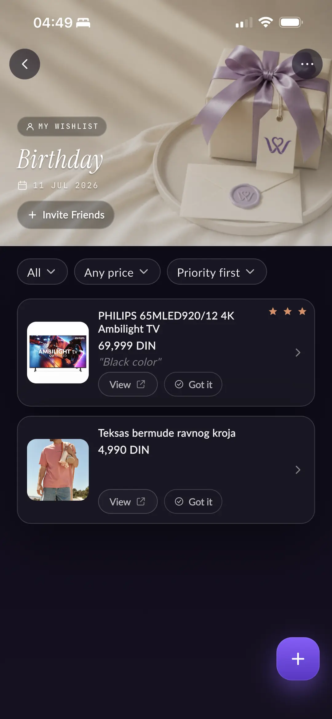 A birthday wishlist in Wishco with a Philips TV and denim shorts, each carrying View and Got it buttons.
