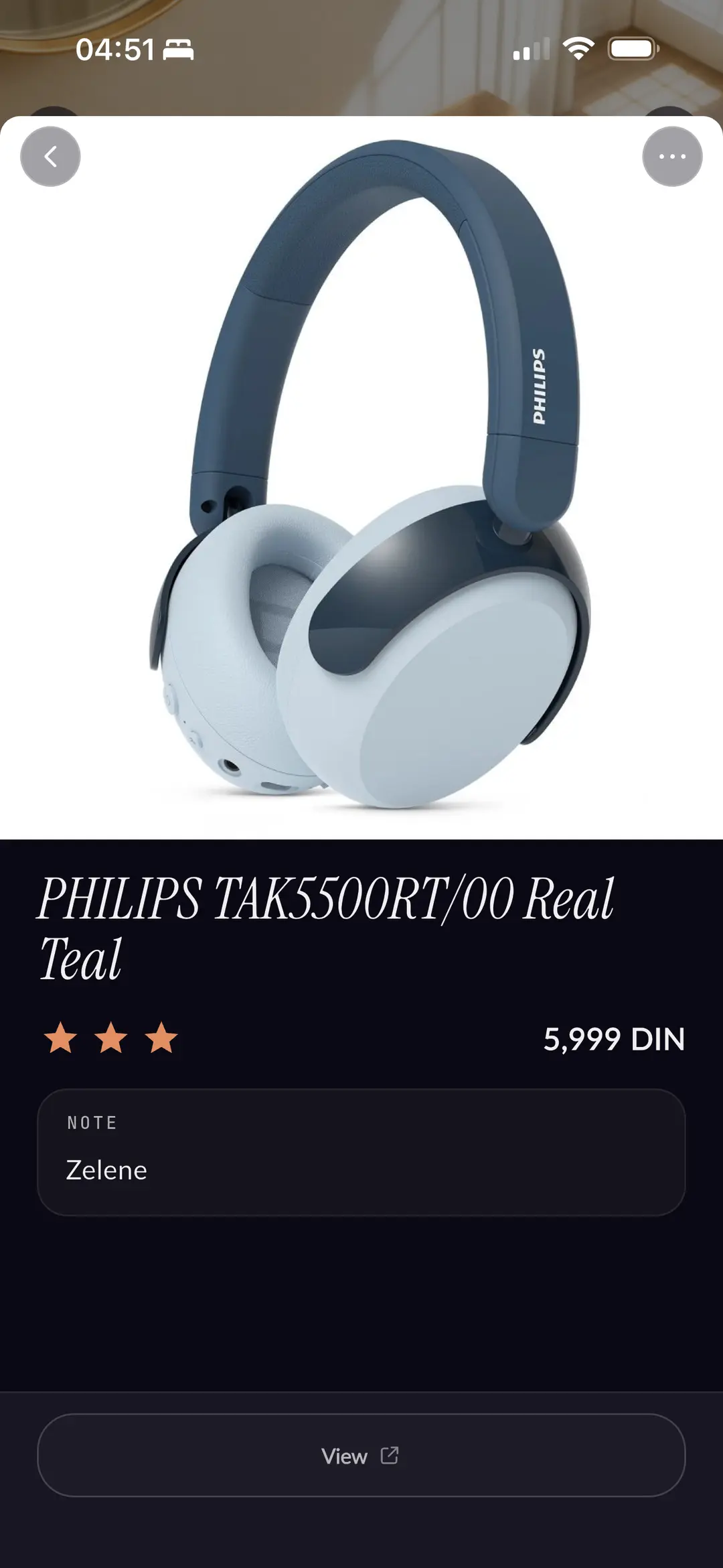 A wish detail screen: Philips headphones in teal, 5,999 DIN, with a colour note for the giver.